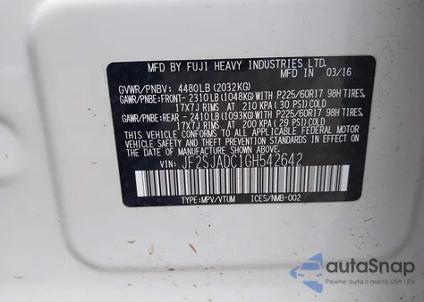 2016 Subaru Forester 2.5I Premium из США, поврежденный, VIN JF2SJADC1GH542642